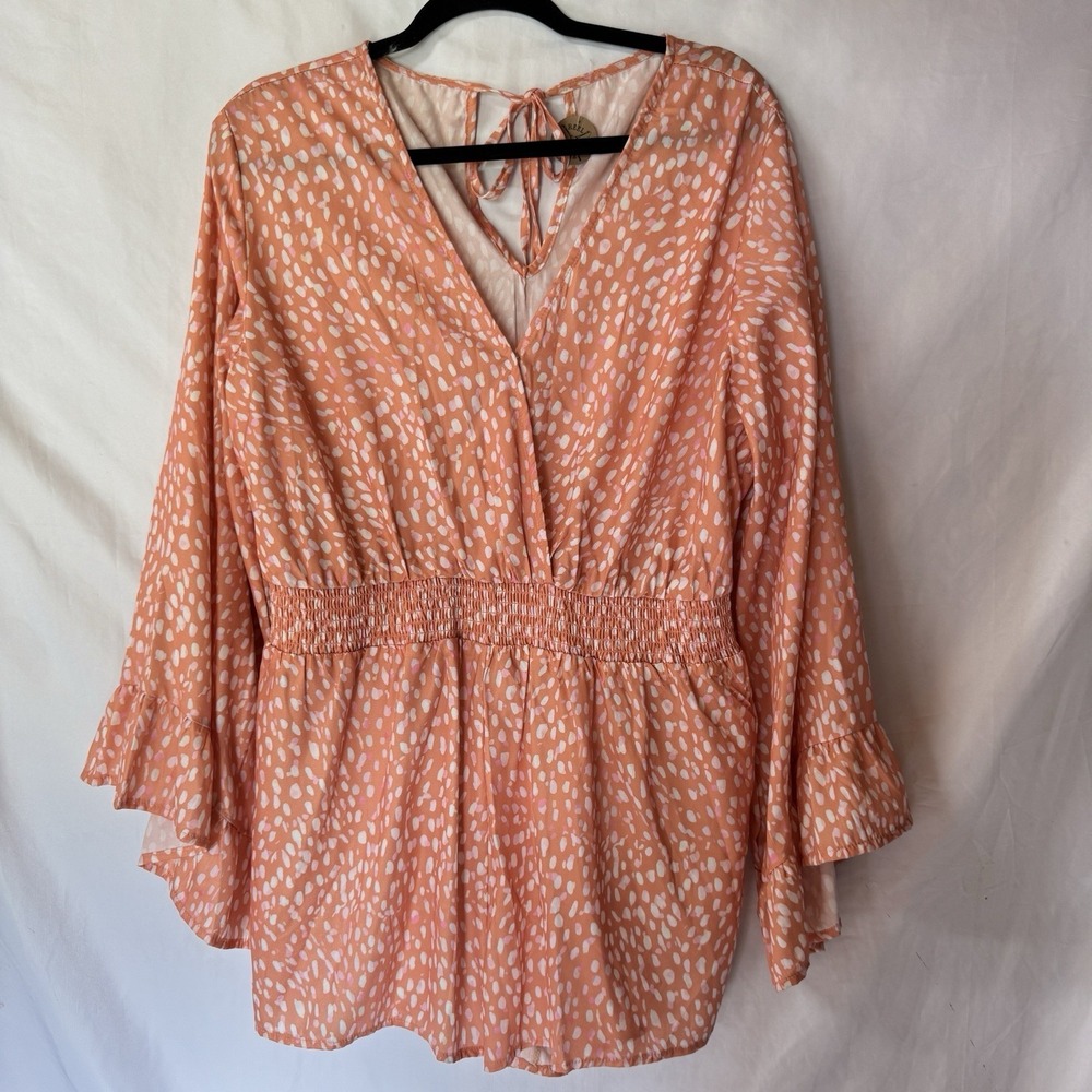 Womens Romper XL Boho Coral Print Long Sleeve V-Neck Flowy Shorts - Picture 2 of 7